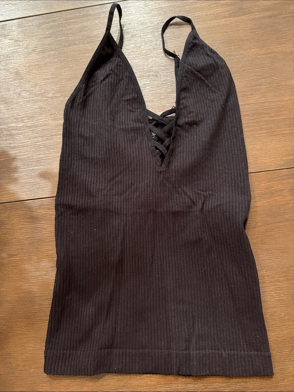 Black Ribbed V-Neck Lace-Up Cami